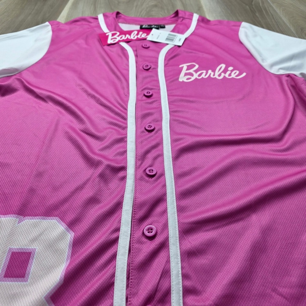 Barbie Baseball Jersey Pink White Button Up Logo 59 Graphic Shirt Large Womens - Picture 4 of 13